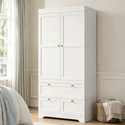 71" Wardrobe Armoire Closet, White Wooden Storage Cabinet with Hanging Rod, 2 Doors & 3 Drawers, Freestanding Clothes Organizer with Gold Knobs, for Bedroom, Apartment, Guest Room