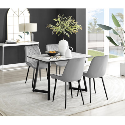 Industrial Design Grey & White Marble Effect Melamine Dining Table Set with 4 Luxury Velvet Chairs