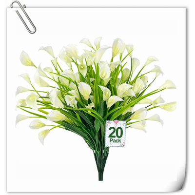 20 paquets de fleurs de lis artificiel Calla (500 têtes) pour l'extérieur, fausses plantes résistantes aux rayons UV, fleurs en plastique pour l'intérieur et l'extérieur