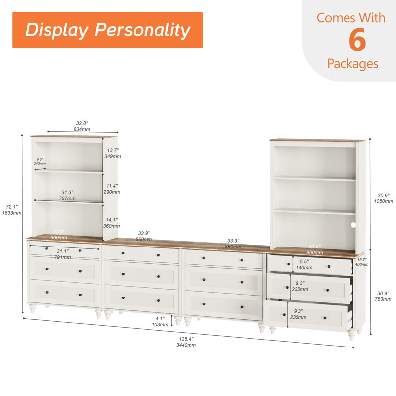 Scarlett Farmhouse TV Stand With Bookshelves For, Modern Entertainment Center With Storage, TV Console For Living Room, Bedroom