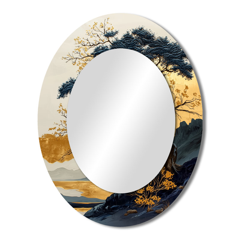 Or et bleu crépuscule baobab arbre africain I - décor de miroir mural ovale doré, 43 po x 33 po