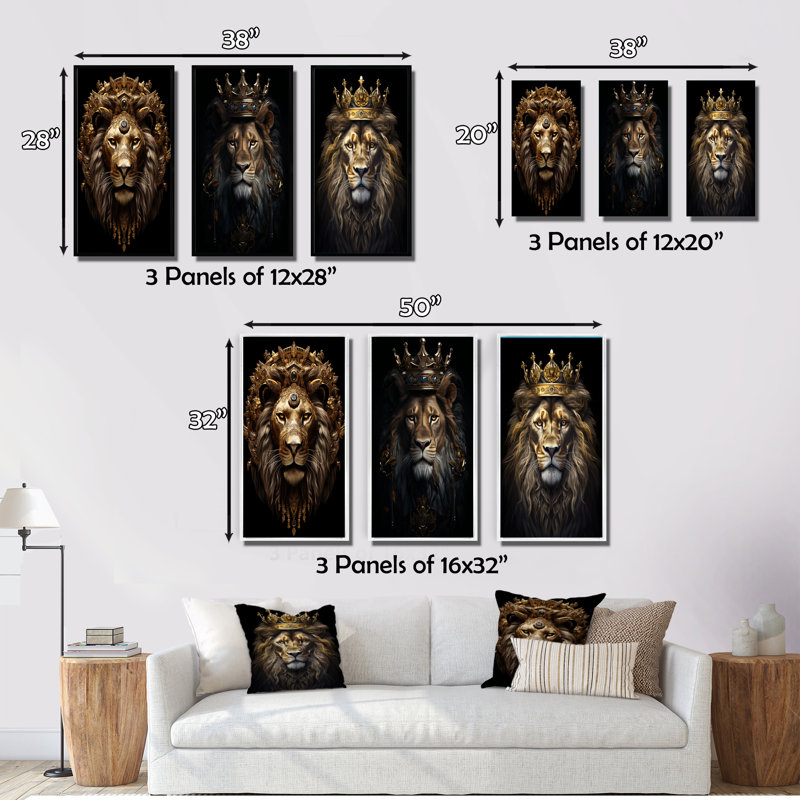 3 pièces sur toile - Roi lion majestueux avec couronne dorée, Encadrement doré, H 40 po x l 60 po