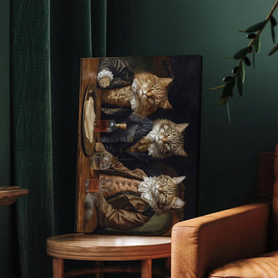 1PC Wall Arts Posters Framed,  Vintage Classical Oil Painting Style Cat Portrait Canvas Wall Art, Three Aristocratic Cats in Victorian Suits Drinking Whiskey, Elegant Home Decor for Living Room, Office, Bedroom, Unique Animal Themed Artwork