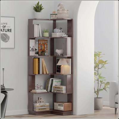 6 Tier Freestanding L-Shaped Corner Bookshelf For Living Room, Bedroom, Wooden Bookcase With Anti-Drop Panle And Anti Tipping Device, Display Shelf Op