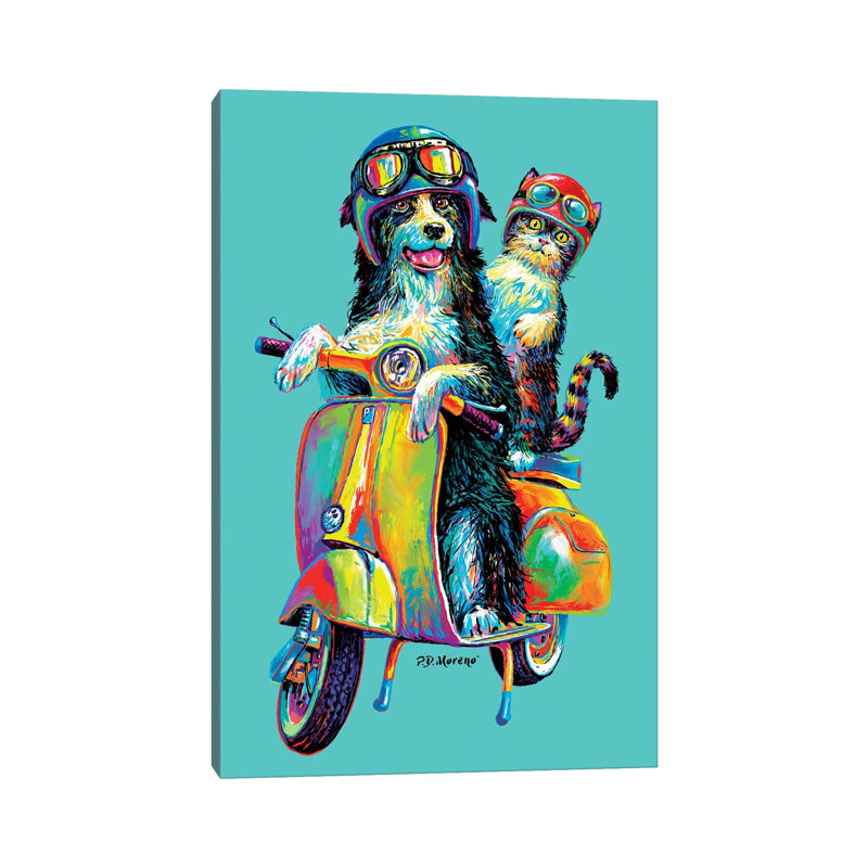 Couple On Scooter In Aqua by P.D. Moreno - Wrapped Canvas Painting, 30.48 cm H x 45.72 cm W