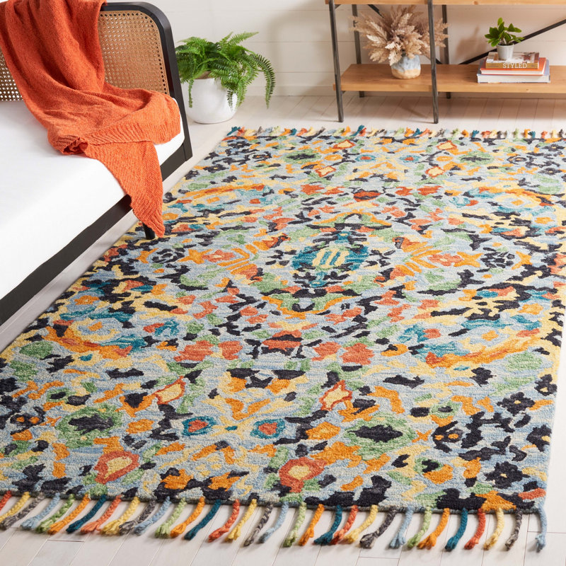 Jahiem Hand-Knotted Wool Blue Area Rug, Rectangle 5' x 8'