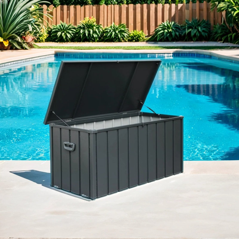 Harmony 120 Gallons Waterproof Outdoor Steel Deck Box, Patio Deck Storage Box with Wheels, Gray