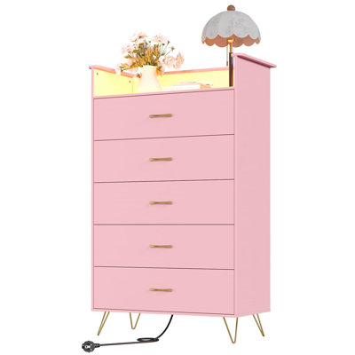 Commode à 5 tiroirs en bois avec lumières RVB et station de charge, commode à DEL avec synchro de musique contrôlée par l'application, grand rangement pour la chambre à coucher, le placard et le salon