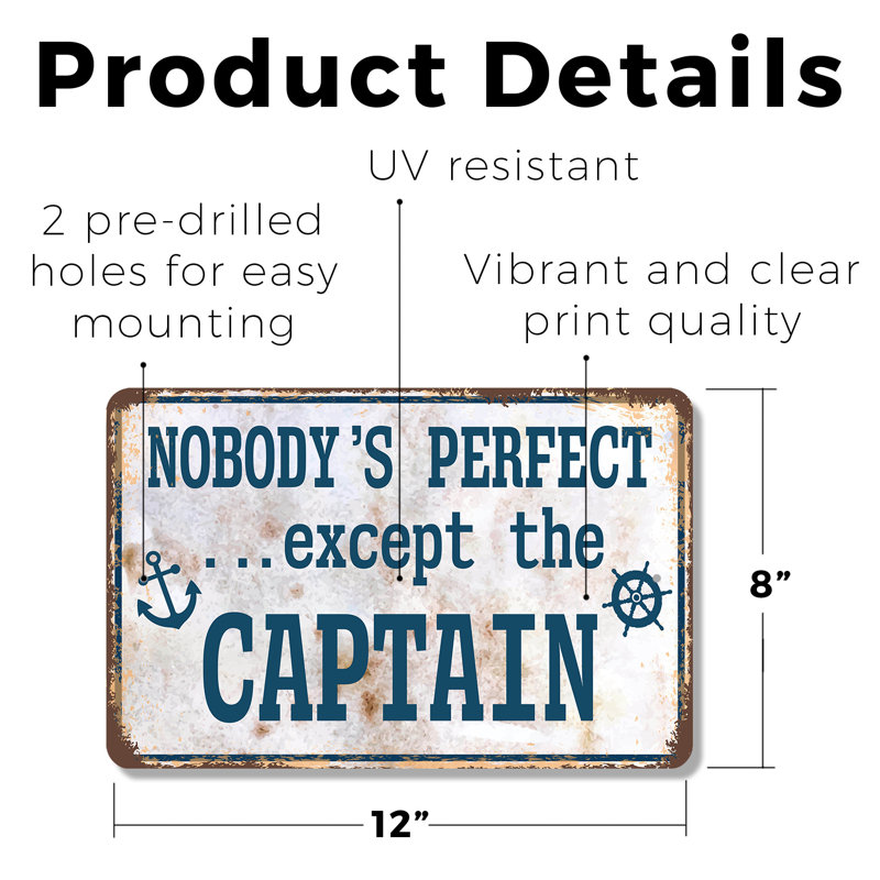 Enseigne en plastique «None’s Perfect Except The Captain» (paquet de 2) 8 po x 12 po