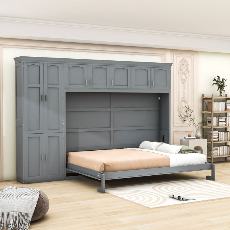 Grand lit escamotable avec armoires et tablettes, Gris
