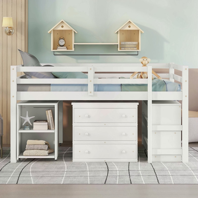 Lit mezzanine double bas avec cabinet, tablettes et bureau portatif roulant, lit multifonctionnel, Blanc