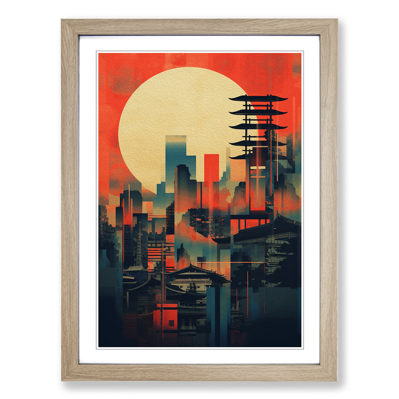 Japanese Sunset Constructivism - Single Picture Frame Print on Wood, 64cm H x 46cm W x 2cm D, Oak 