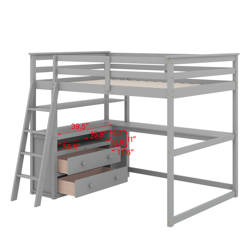 Lit mezzanine double avec bureau et tablettes, deux tiroirs intégrés, Gris