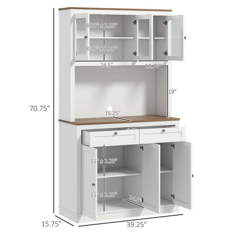 Buffet de cuisine blanc avec 5 portes, 2 tiroirs, tablettes réglables, support à micro-ondes, pour salon, armoire de rangement, garage, entrée