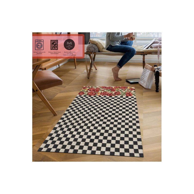 Tapis lavable à motif damier et à motif de roses rouges, Sous-tapis rectangulaire 3 pi 11 po x 5 pi 11 po i