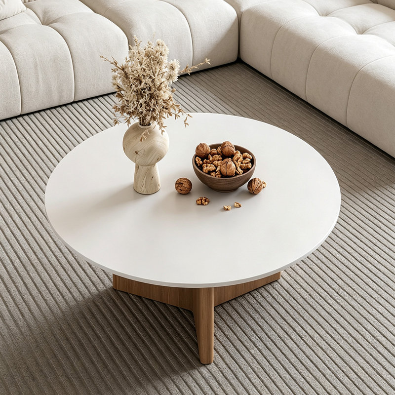 Table basse simple ronde décontractée en ardoise, 14.96" H x 27.55" W x 27.55" D, Flat, Plateau blanc / base brun noisette