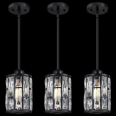 Ensemble de 3 luminaires suspendus modernes en cristal avec hauteur réglable, abat-jour lustre en métal noir pour îlot de cuisine, salle à manger, salon