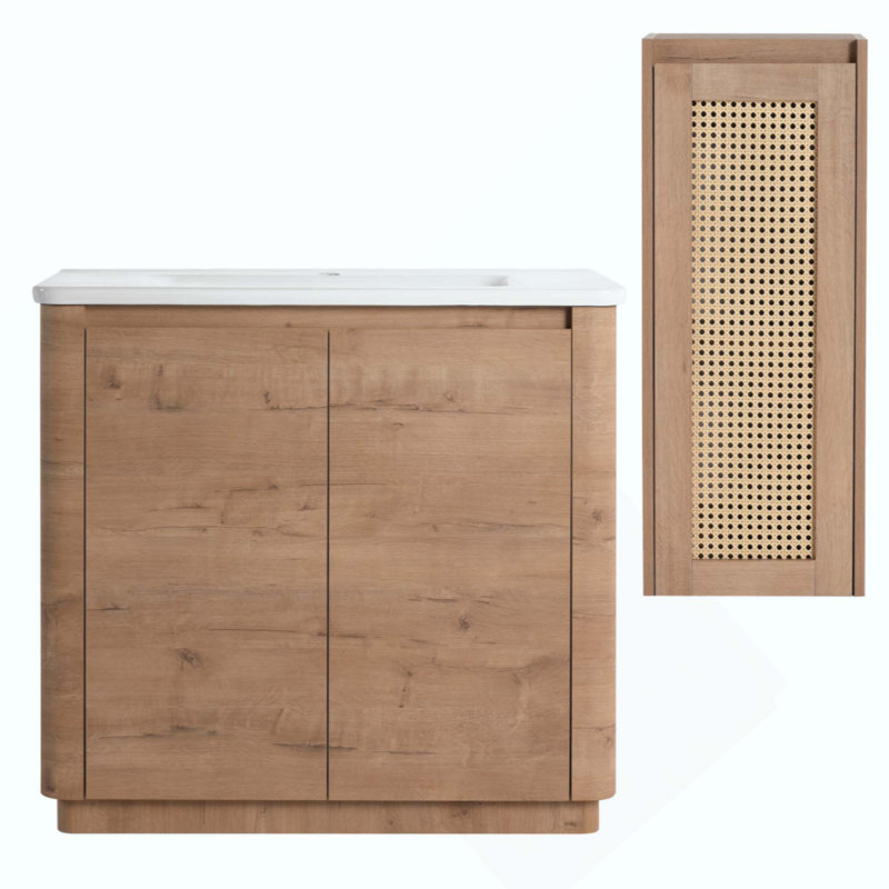 Meuble-lavabo autoportant avec lavabo en céramique et 2 portes à fermeture en douceur et armoire latérale, contreplaqué, 36"