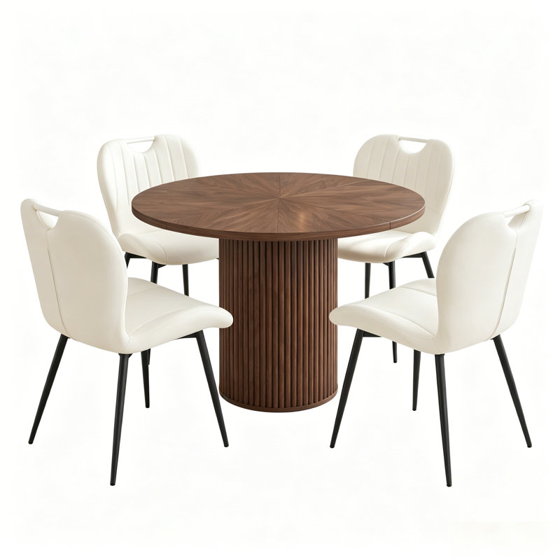 Ensemble de salle à manger rond 4 pièces en bois de noyer veiné avec chaises en similicuir, Blanc