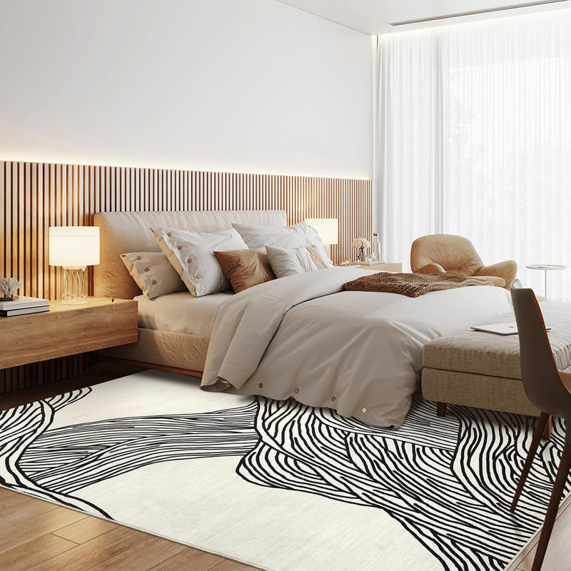 Tapis de couloir moelleux - 350 g / m² en fausse laine d'agneau, lavable à la machine, antidérapant, motif de nage moderne pour le vestibule, cuisine (noir et blanc)