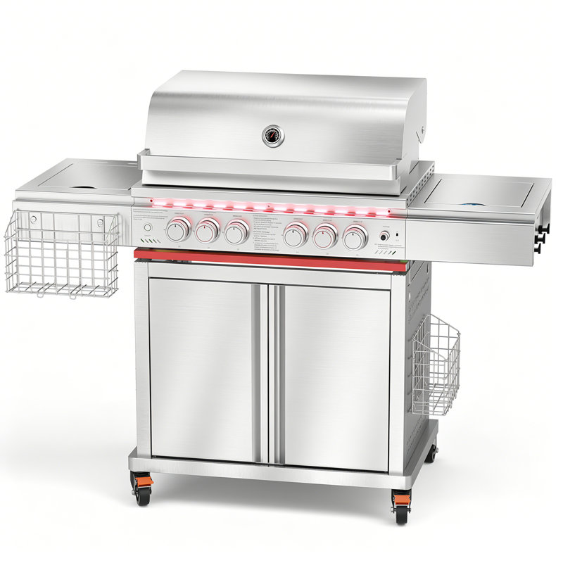 Barbecue au propane à 6 brûleurs avec brûleur infrarouge et brûleur latéral, barbecue en acier inoxydable d'extérieur SUS304 avec lumières DEL
