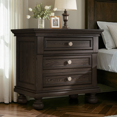 26'' Modern 3-Drawer Nightstand With Solid Wood Gourd Legs, Dark Walnut