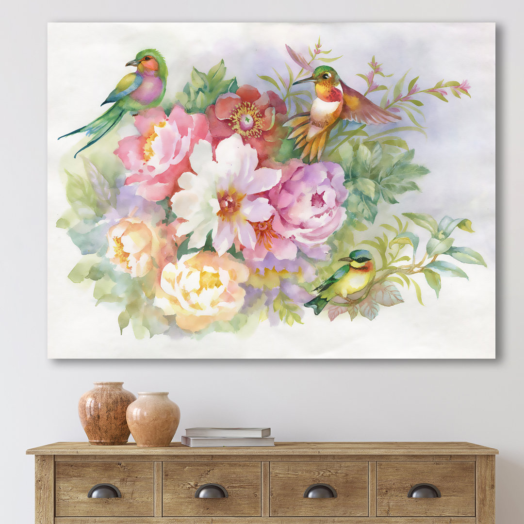 " Vibrant Vintage Flowers And Colorful Birds " Painting Print East Urban Home 