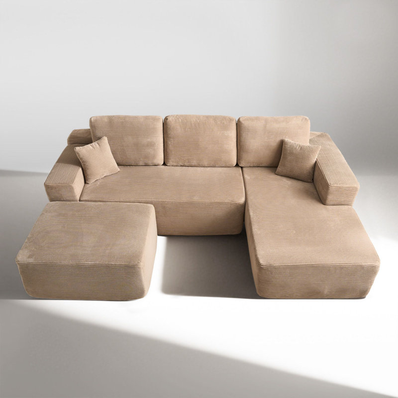 Canapé modulaire en forme de L de 106 po avec repose-pieds Seren Boneless, Velours côtelé beige, Orienté à droite