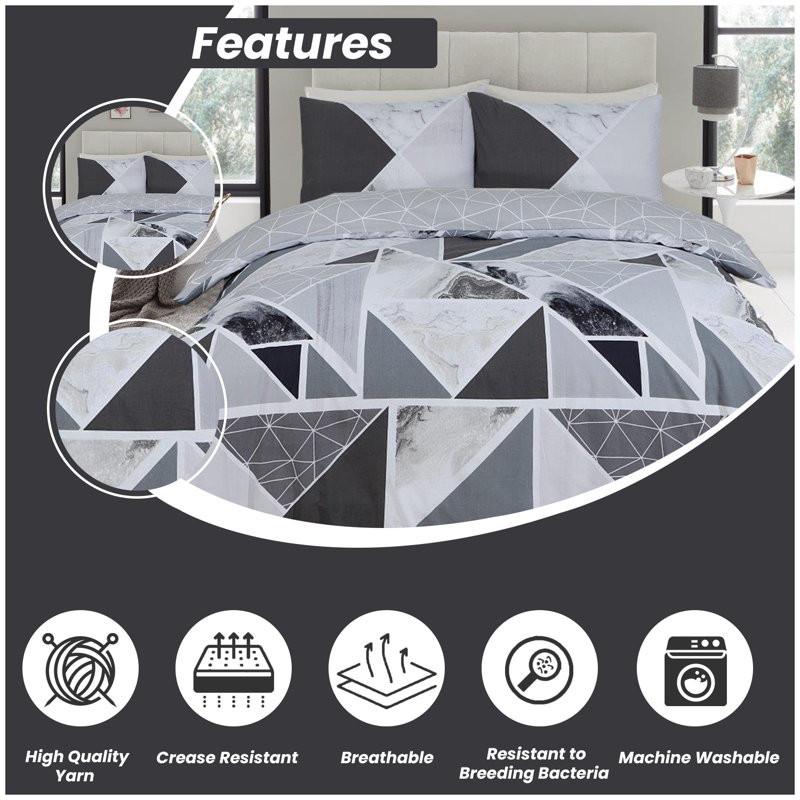 Geometric Pattern Duvet Cover Set with Matching Pillowcases - Polycotton Fabric Machine Washable Bedding, Grey Floral, Single