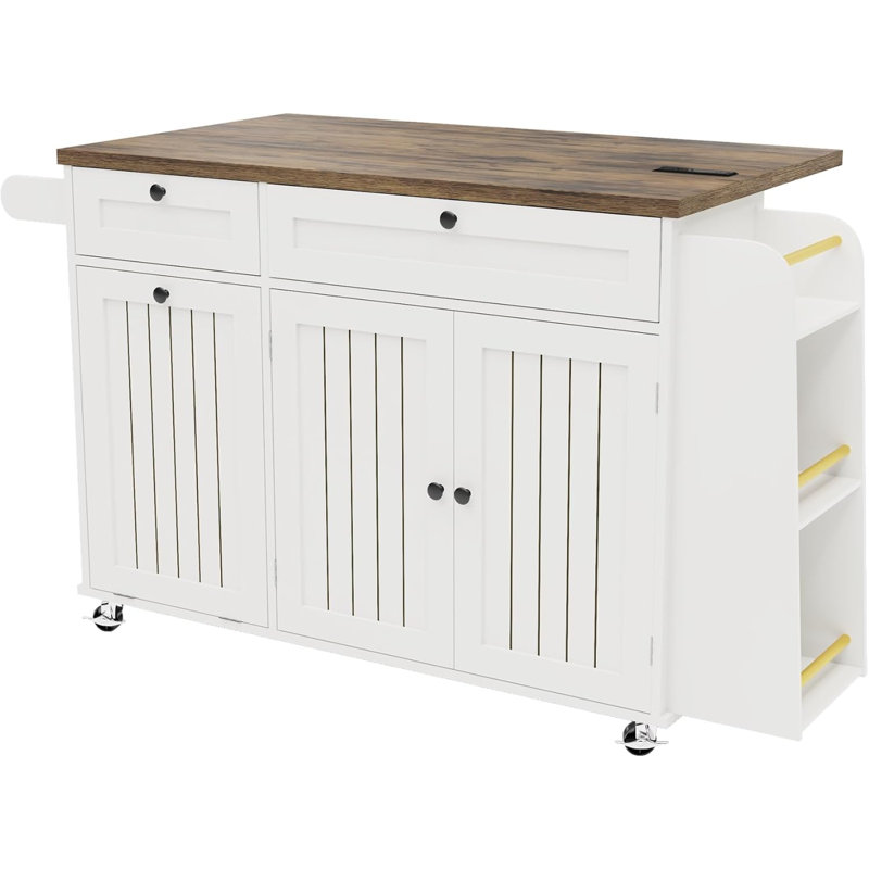 60.2" Rolling Kitchen Island with Power Outlets, Drop-Leaf Countertop, Spice & Towel Rack, Knife Holder, and Hidden Trash Storage Cabinet