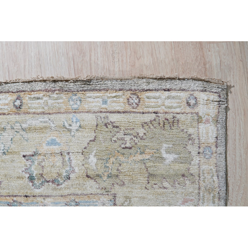 Tapis en soie naturel à motif floral gris / vert olive noué à la main Silk