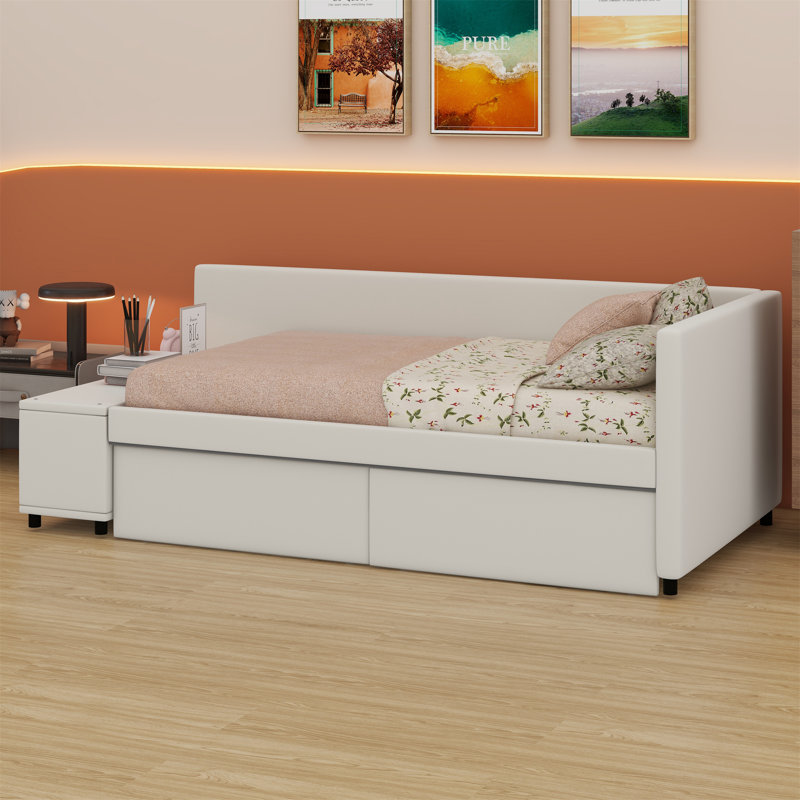 Lit plateforme tapissier en L avec rangement et tiroirs, Beige