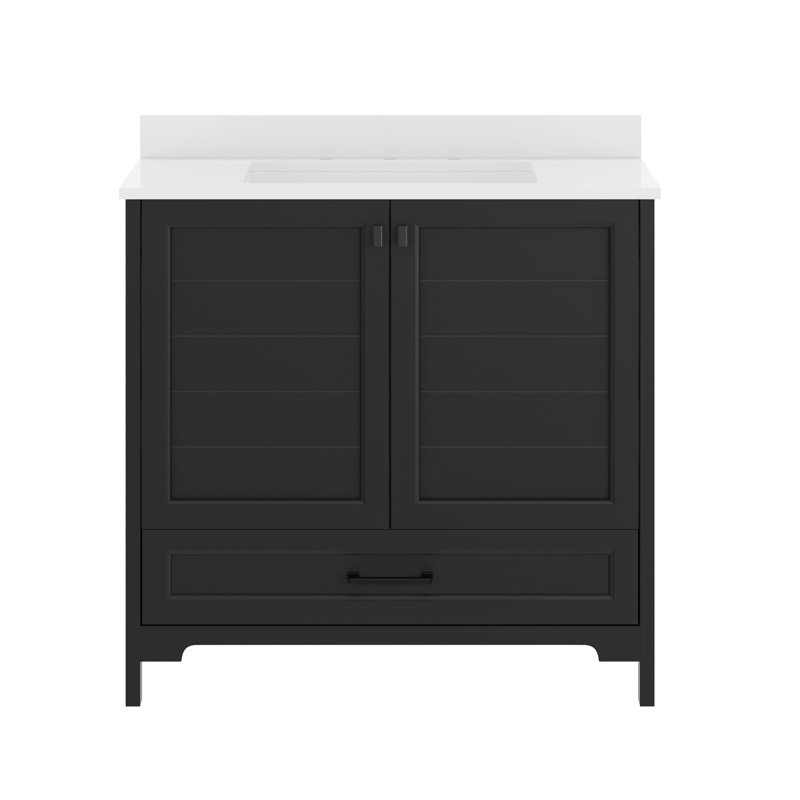 Meuble-lavabo de salle de bain avec lavabo encastré, armoire et tiroir, Noir, Noir mat