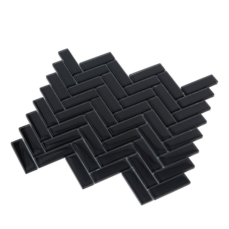 11"X 12.6" Herringbone Polished Glass Mosaic Tile, Black