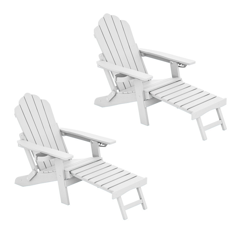 set of 2 HIPS Folding Adirondack Chair Adjustable Chair with Ottoman Fire Pit Patio Chair for Outdoor, White