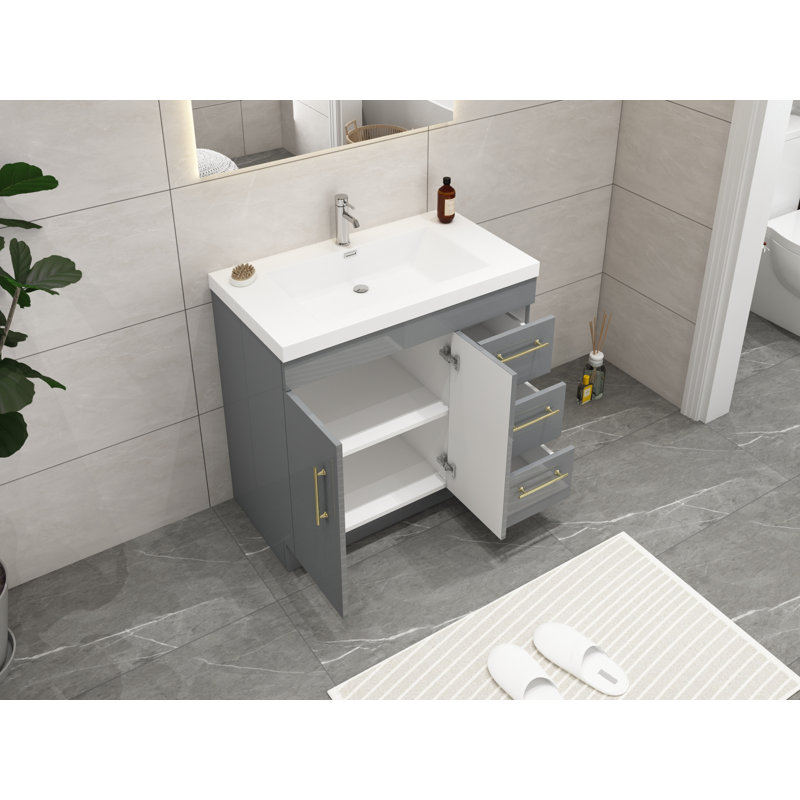 Meuble-lavabo simple 36 po Carliss, Gris lustré, Or