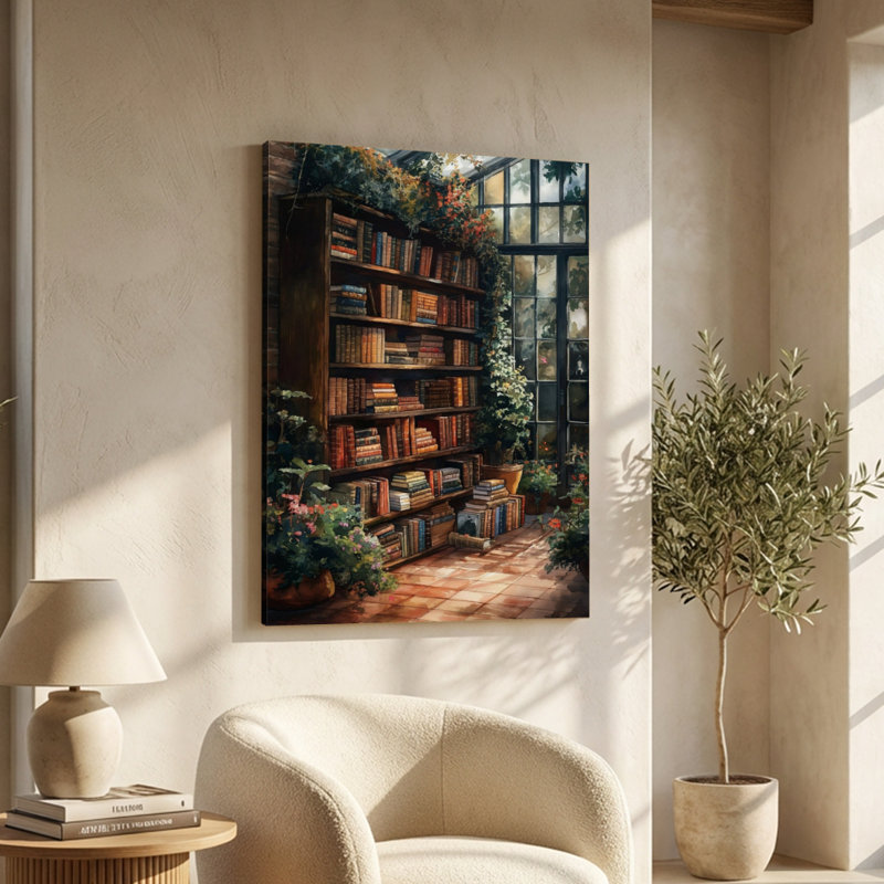 Tablette remplie de livres, art mural sur toile - entourée de plantes et de fleurs - 1 po de profondeur - 24 po x 36 po