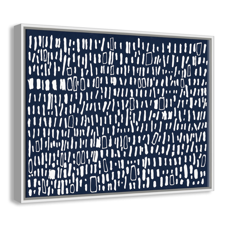 Tribal code-bleu marine-, peinture sur toile, Cadre blanc, H 12 po x l 16 po x P 2 po