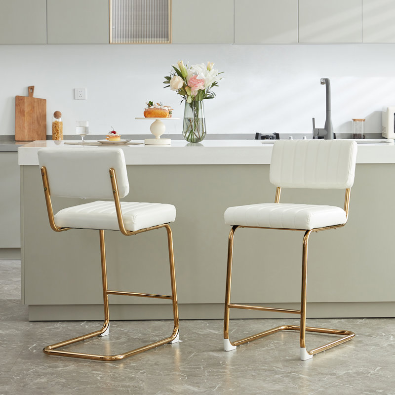 Modern Upholstery PU Leather Bar Stools with Chrome Legs, White/Gold 