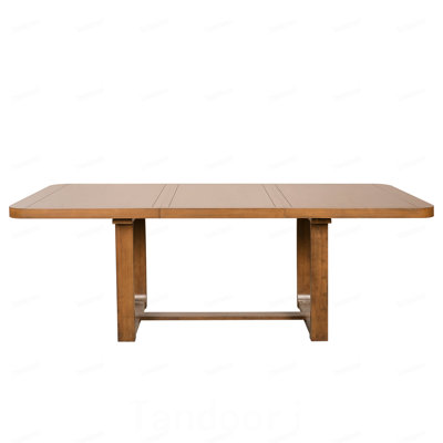 Extendable Solid Wood Dining Table, 60-84inch Rectangular Kitchen Table with Rounded Corners, Removable Leaf, Groove Line Detailing, Stretcher Base &