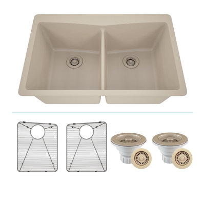 Évier de cuisine à double cuve encastrée en composite à quartz encastré à cuve de 50 po avec drain arrière de style Lexique Platinum de 33 po avec accessoires: 2 grilles en acier inoxydable, 1 crépine à drain et bride