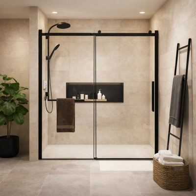 Porte de douche coulissante sans cadre de 56 à 60 po de largeur Sanoxis, hauteur 78 po, verre trempé 5/16 po, système à double coulissement à fermeture en douceur, quincaillerie en nickel brossé