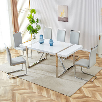 Ensemble de salle à manger 7 pièces en MDF blanc 7 pièces avec fauteuils rembourrés en similicuir