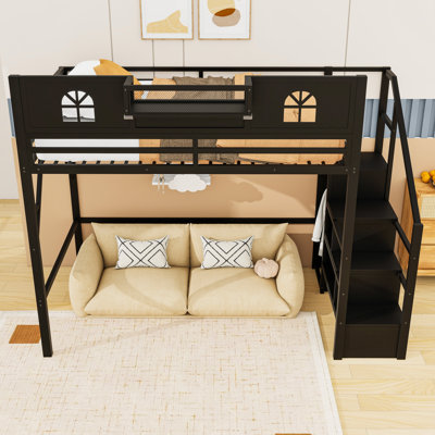 Metal Loft Bed with Storage Stairs, Wardrobe, USB & LED Lights, House-Style High Guardrails