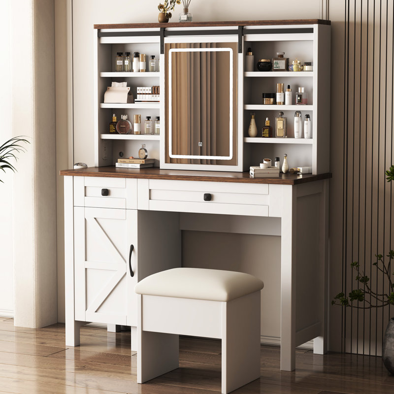 Meuble-lavabo avec miroir coulissant et lumières