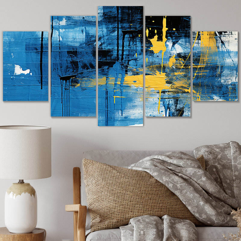 «Bliss Of Happiness In Yellow and Blue», reproduction sur toile de collages abstraits - 5 panneaux