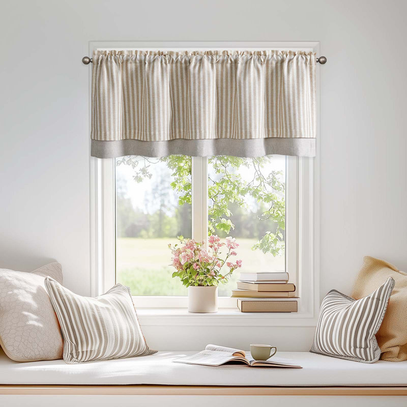 Cantonnière rayée en lin, Beige, L 50 po x L 18 po