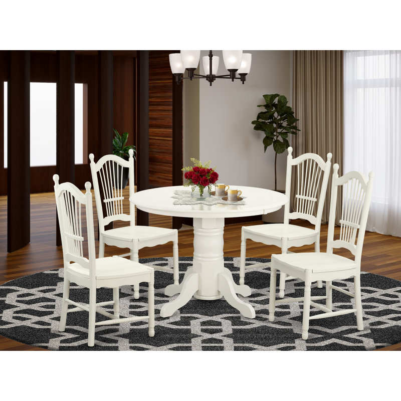 Ensemble de 5 pièces pour 5 pièces comprenant une table de cuisine ronde avec piédestal et 4 chaises de cuisine, lin blanc