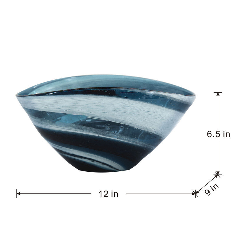 Bol en verre Swirled Art en bleu et blanc - Bol à fruits décoratif pour table ou console 11,8 po