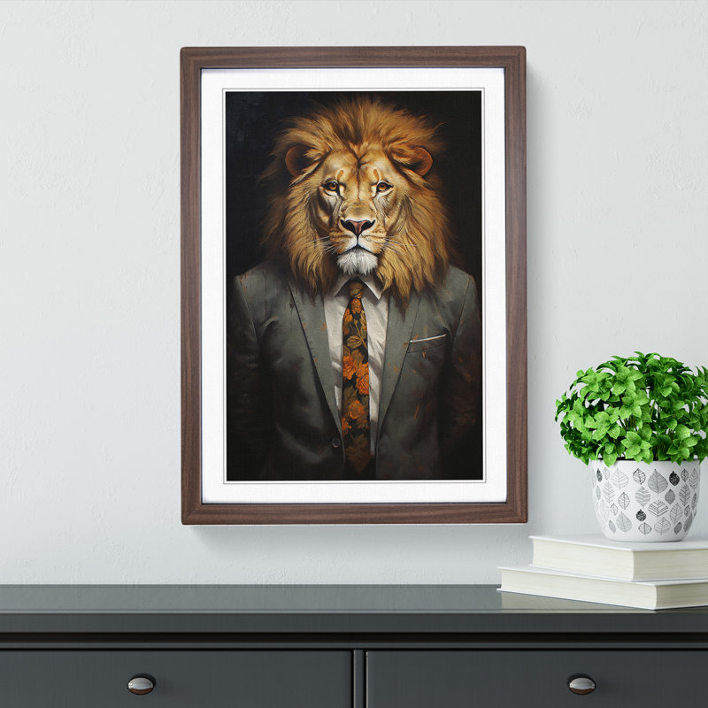 Lion In A Suit - Single Picture Frame Print on Wood, Walnut, 46cm H x 34cm W x 2cm D